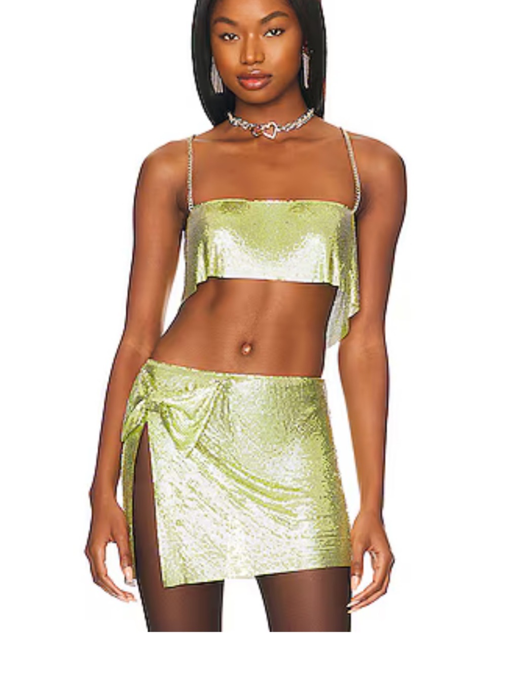 Lovers + Friends Metallic Lime Green Silverlake chainmail iridescent mesh top